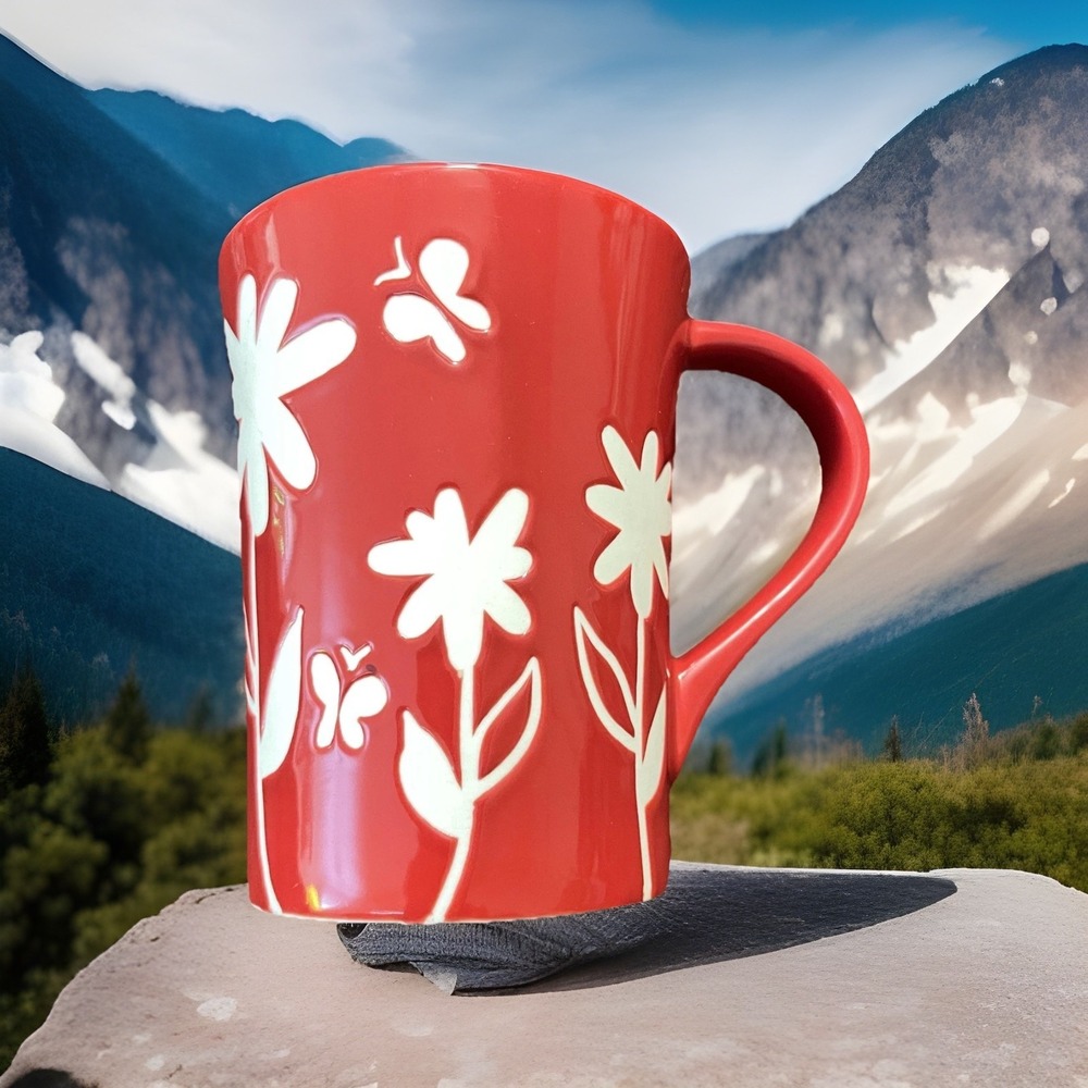 Starbucks Coffee Mug 12 oz 2007 Red Floral Butterfly Ceramic Cup Dishwasher Safe
